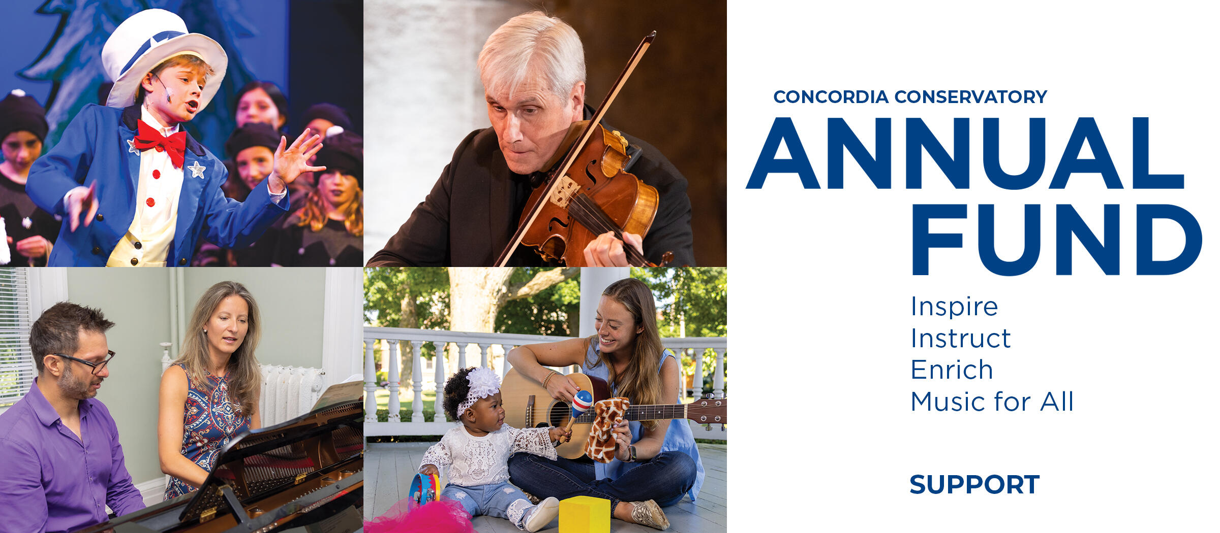 Please support the Concordia Conservatory annual fund 2023. Our goal is to raise $200,000 by July 1 to sustain our music programs in Scholarship & Outreach, UNIQUE for Special Learners, Musical Adventures Family Series, Hoch Chamber Music, More Than Music, and Music & Art Therapy 
